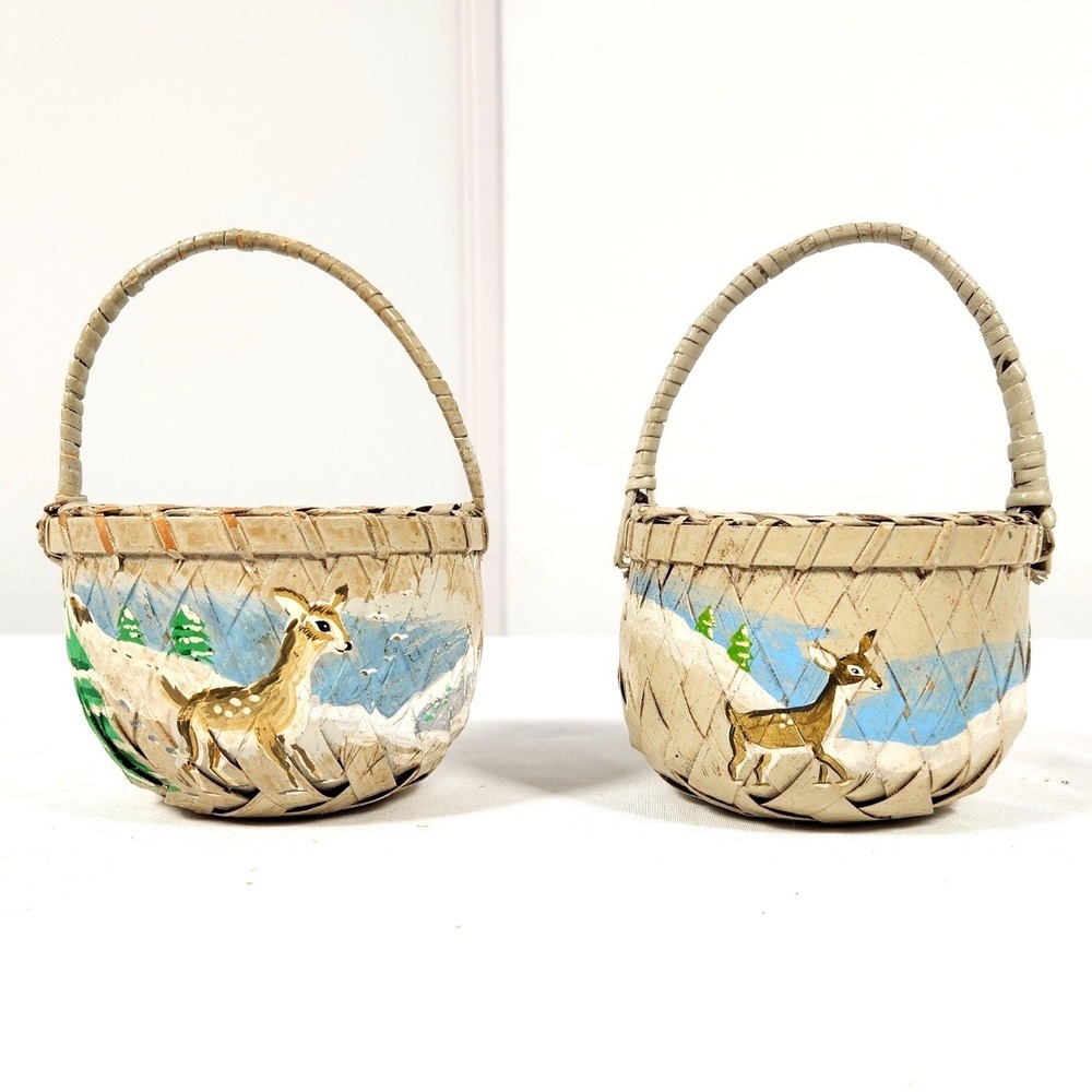 VTG Set of TWO 3.5"‎ X 5" Mini Hand Painted Woodland Deer Baskets with/Handles